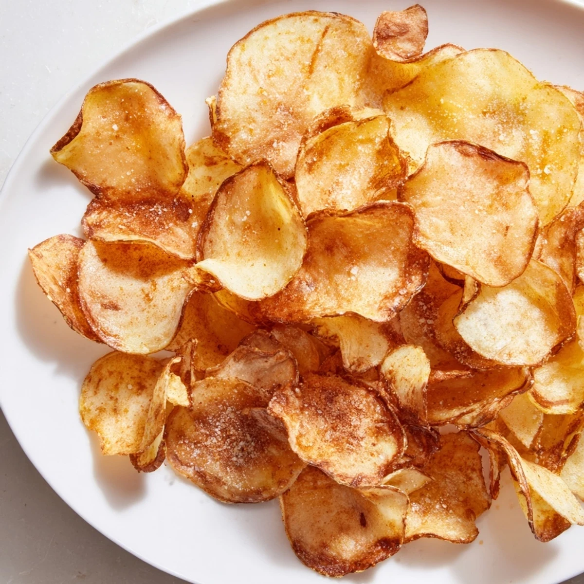 Thinly sliced, golden air-fryer potato chips, a healthier snack alternative with simple ingredients.