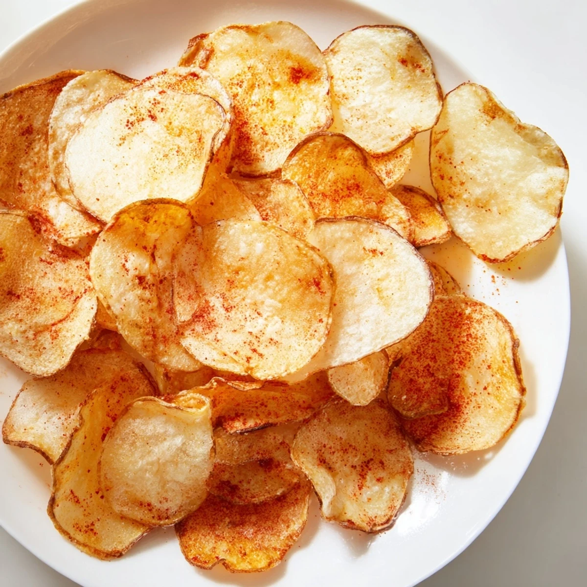 Golden, crispy homemade air-fryer potato chips, perfectly seasoned and ready for snacking.