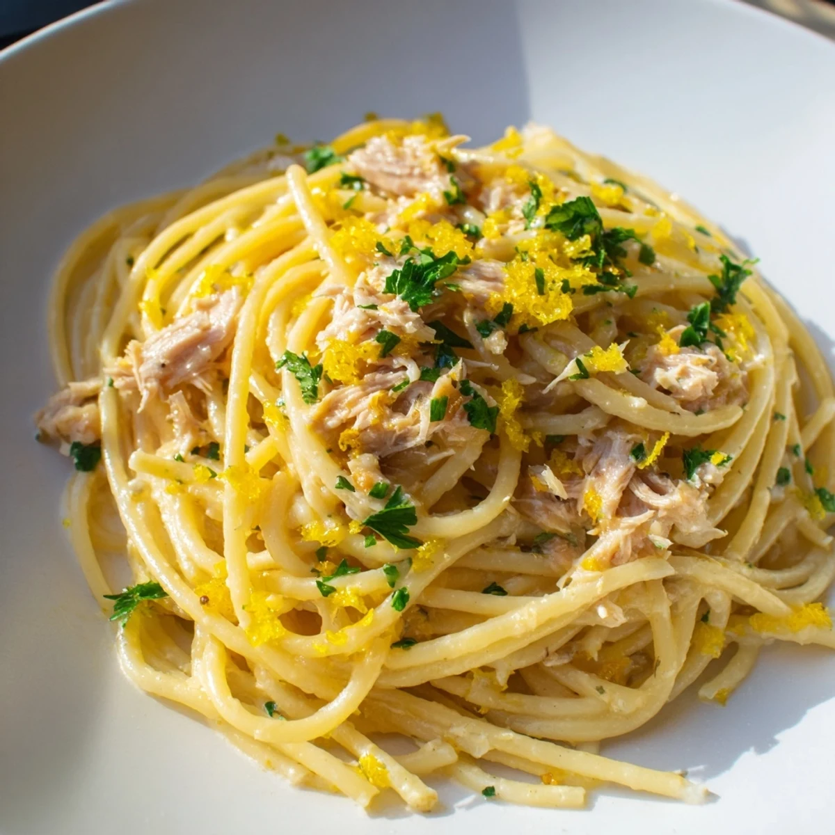Golden strands of lemon-garlic tuna spaghetti, tossed and ready for a flavorful Italian meal.
