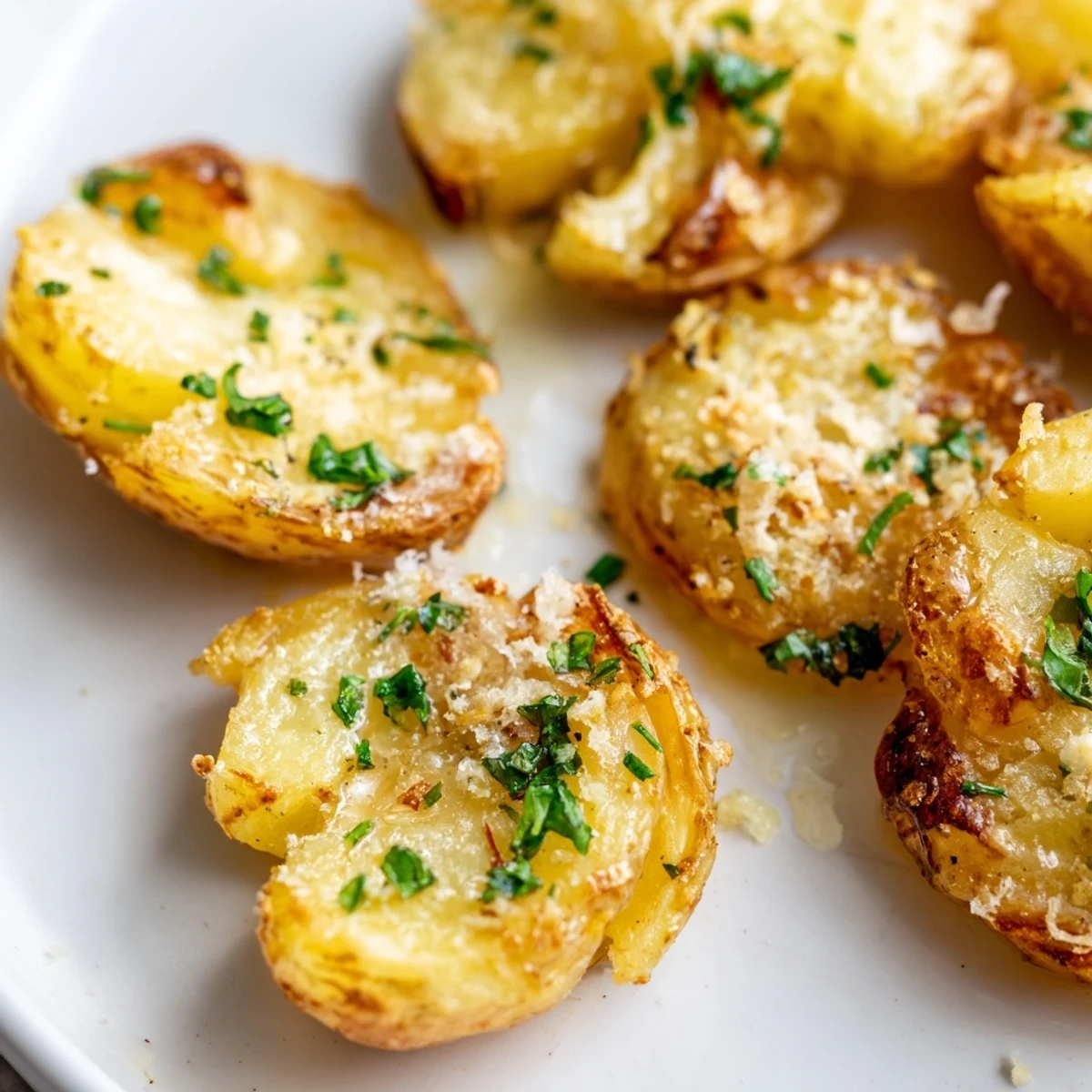 Golden, crispy Parmesan smashed potatoes, a delicious side dish with garlic and herbs.