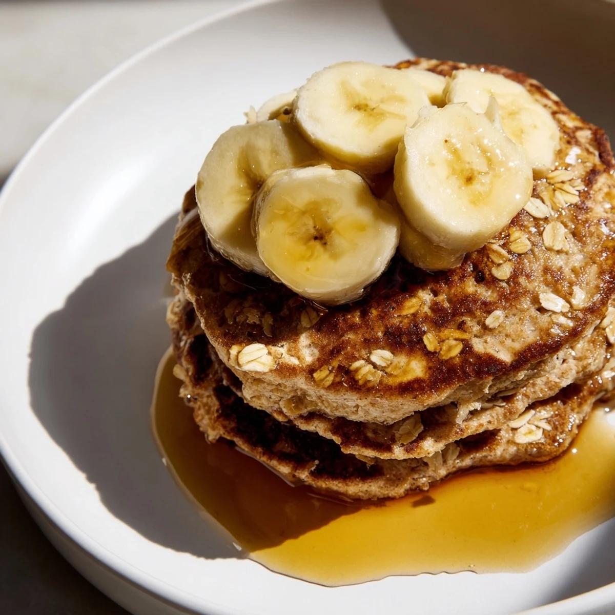 Close-up of freshly cooked banana oat pancakes, ready to be topped and devoured this morning.