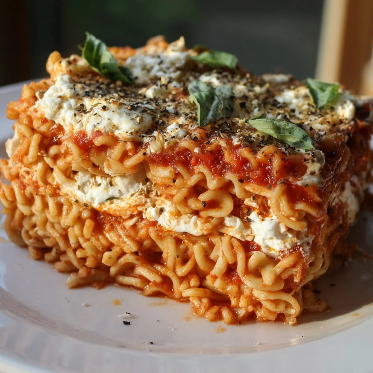 Ramen Lasagna bubbling in a baking dish, with melted cheese and rich tomato sauce, ready to serve.