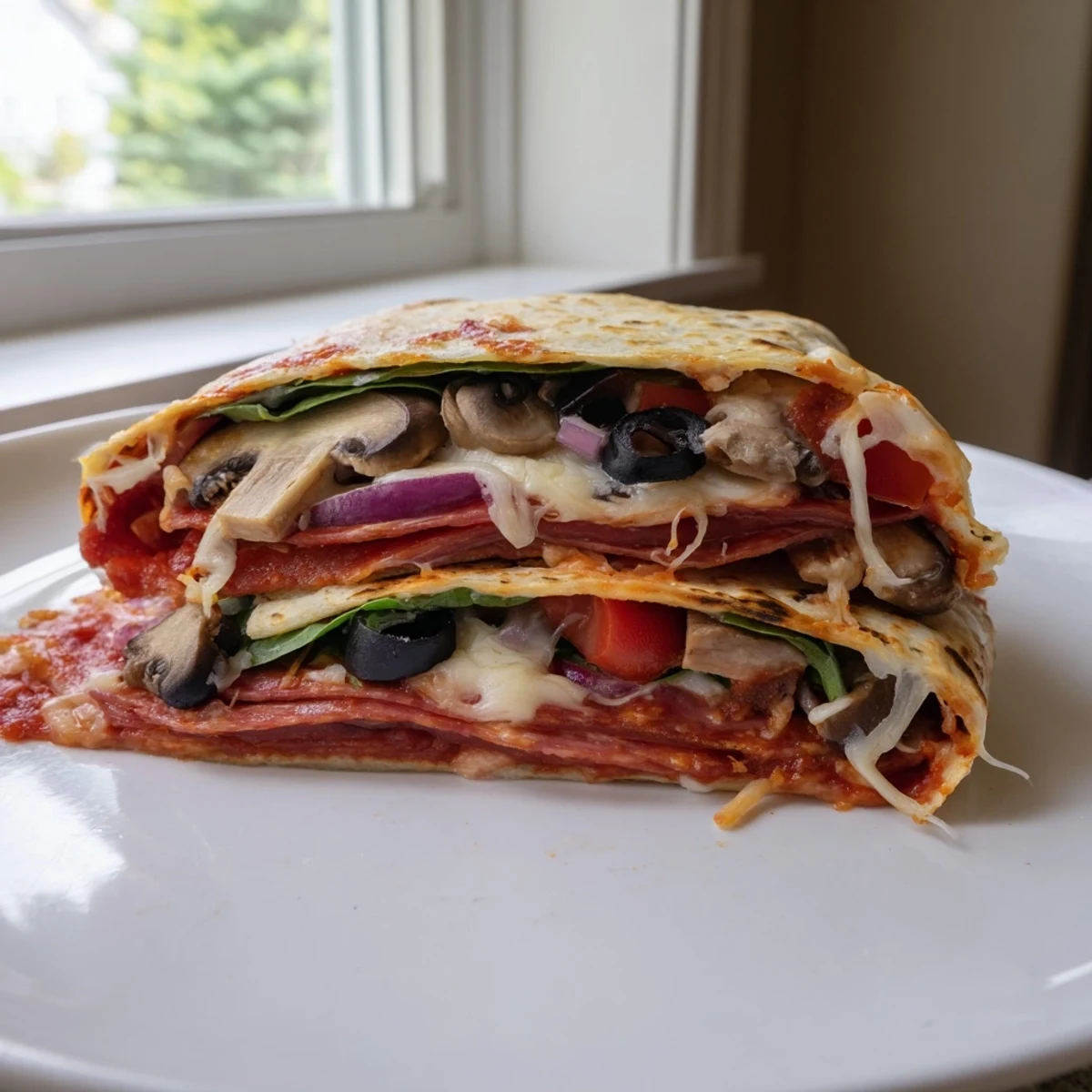 A close-up of a perfectly folded tortilla pizza wrap, filled with melted cheese and fresh toppings, ready to eat.