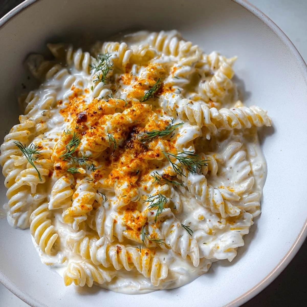 Creamy Turkish Yogurt Pasta, with a drizzle of spiced butter, ready to be served and enjoyed.