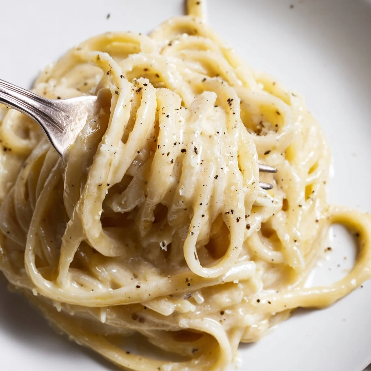 Close-up of Lazy Girl Three-Ingredient Pasta, showing perfectly emulsified sauce and grated cheese.