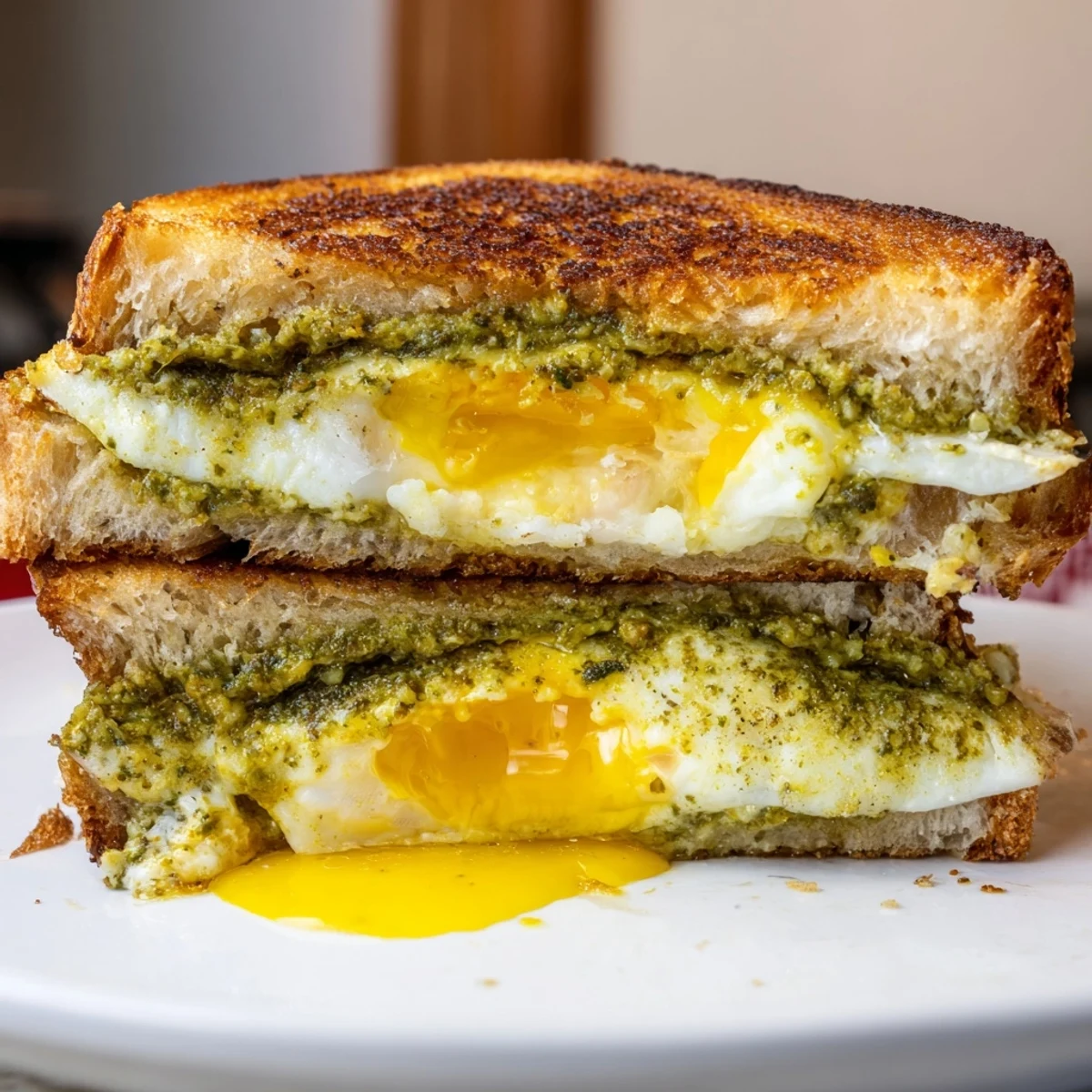 Golden-brown pesto egg grilled cheese with melted cheese, a comforting lunch option, served on a plate.