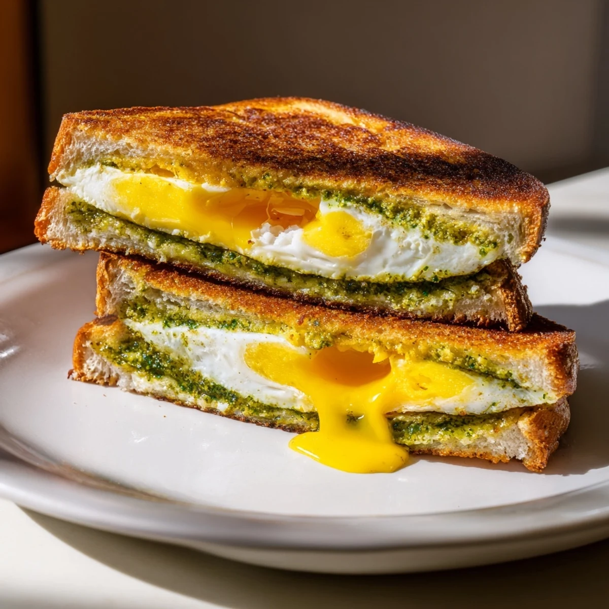 A close-up of a pesto egg grilled cheese sandwich, showing the gooey cheese pulling apart beautifully.