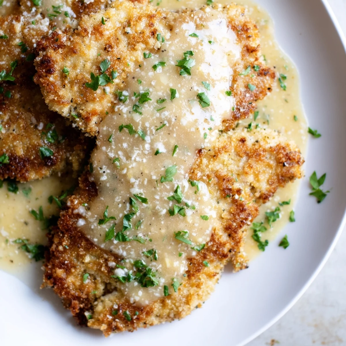 Golden, crispy chicken with garlic cream sauce, a delicious and easy American dinner.