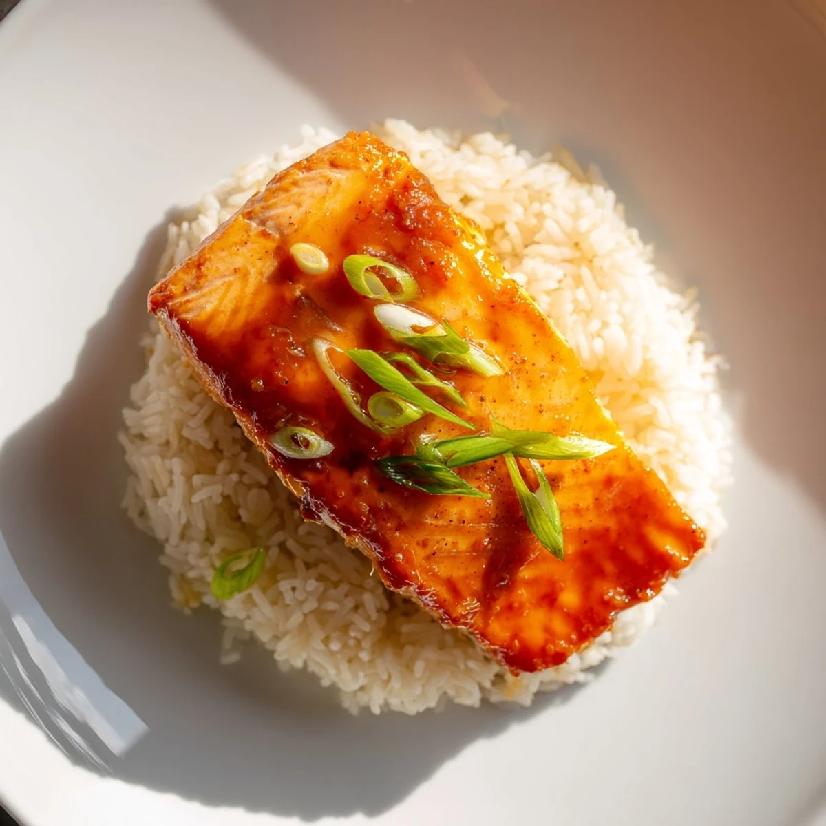 Sticky Orange Salmon over fluffy rice, garnished with vibrant green scallions, ready to enjoy.