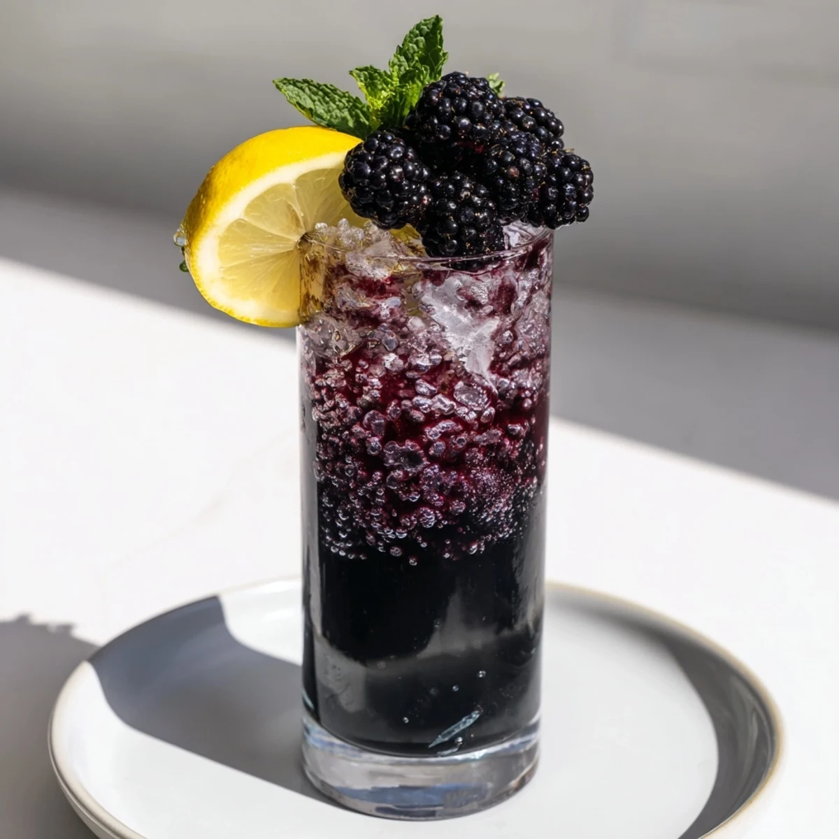 Layered, dark Dark Matter Mocktail showing blackberry syrup floating atop the inky charcoal base, ready to drink.