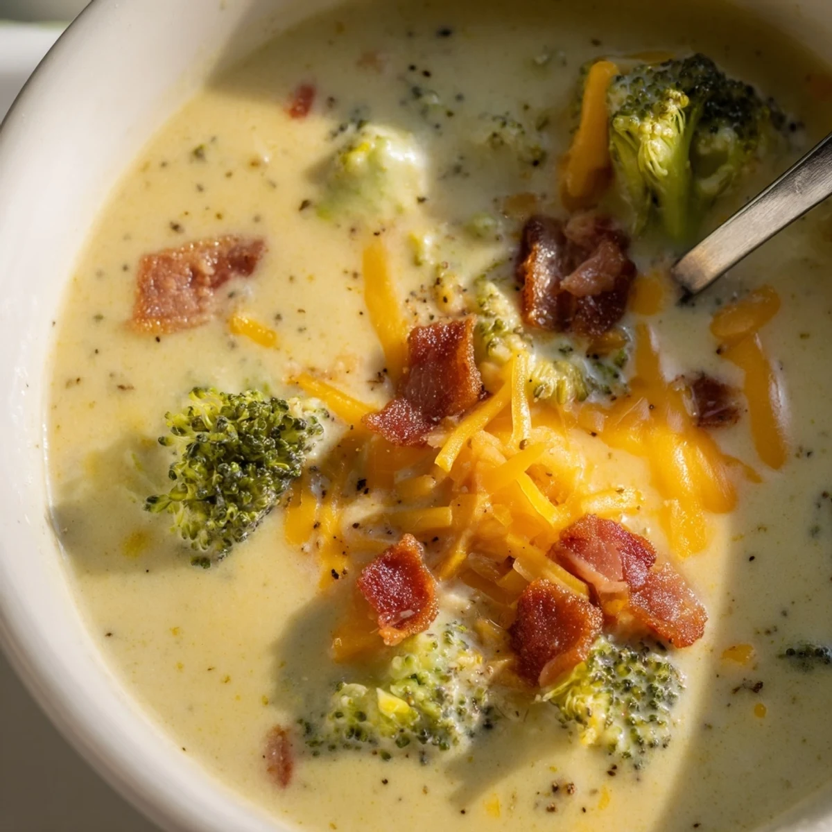 Creamy Broccoli Cheddar Soup, garnished with crispy bacon and served with toasted bread.