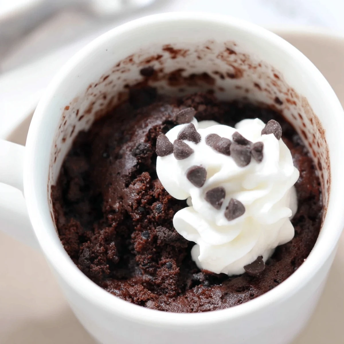 A warm, chocolatey Oreo Mug Cake, with visible crushed cookies and a moist, soft texture.