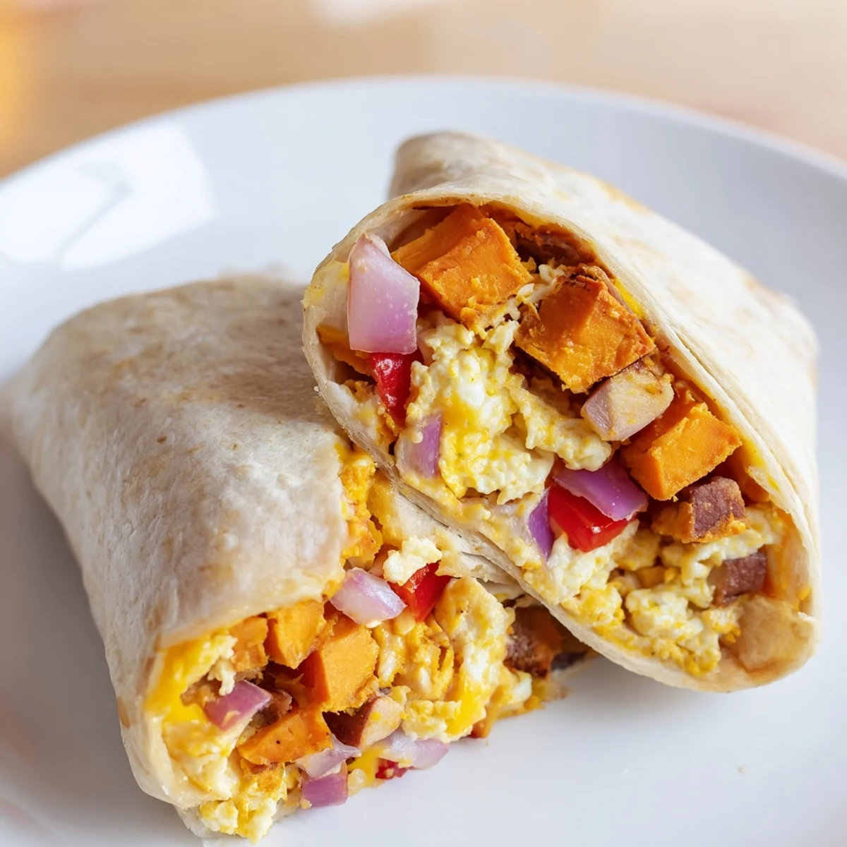 Roasted sweet potato breakfast burritos, warmly spiced and ready to eat, a hearty morning meal.