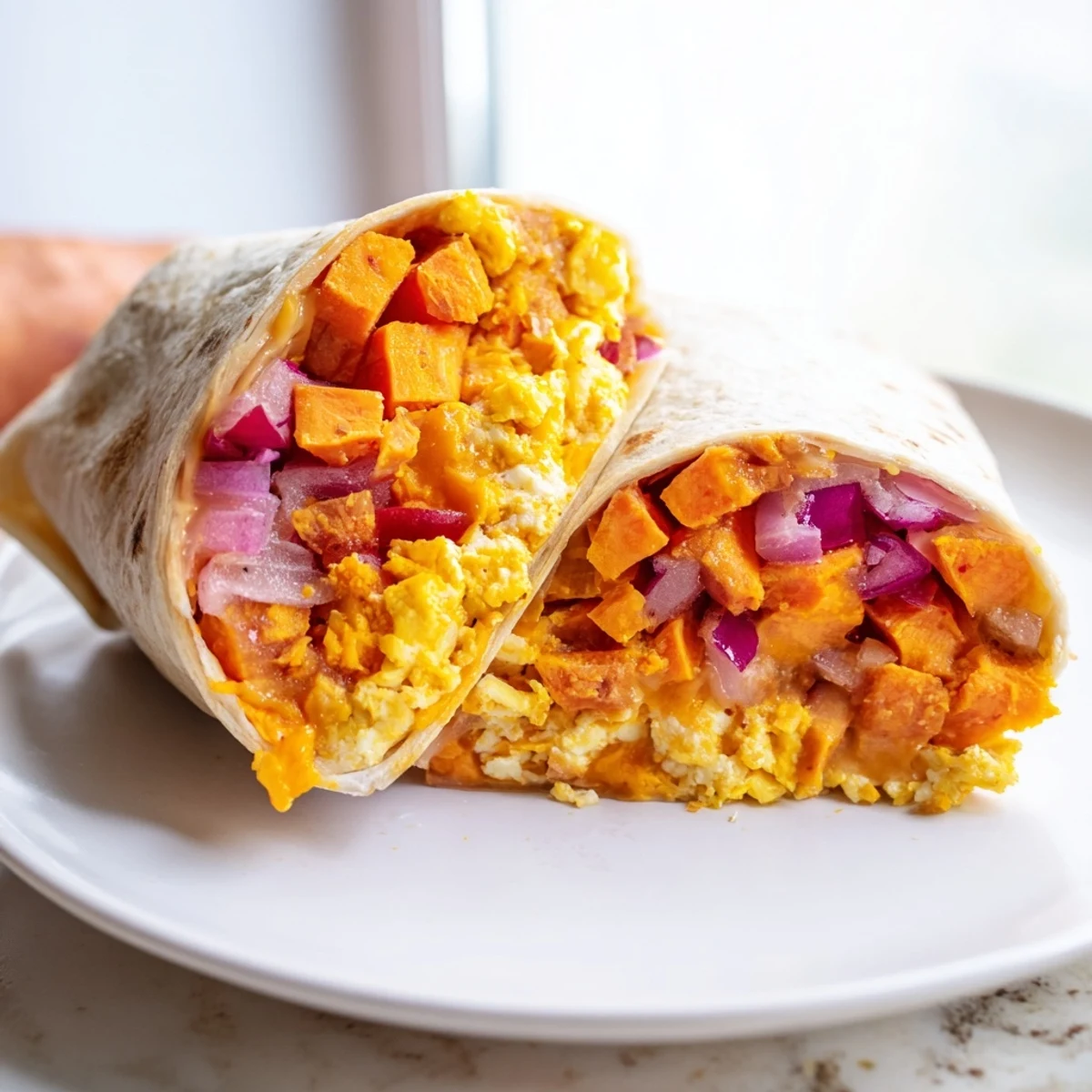 Golden, cheesy sweet potato breakfast burritos, generously filled, perfect for a grab-and-go breakfast treat.