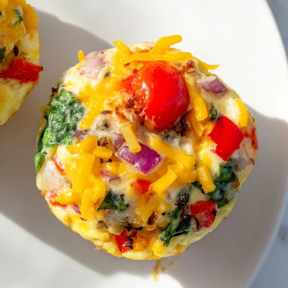 Perfectly cooked Customizable Egg Muffins, with melty cheese and spinach, a delicious and easy breakfast.