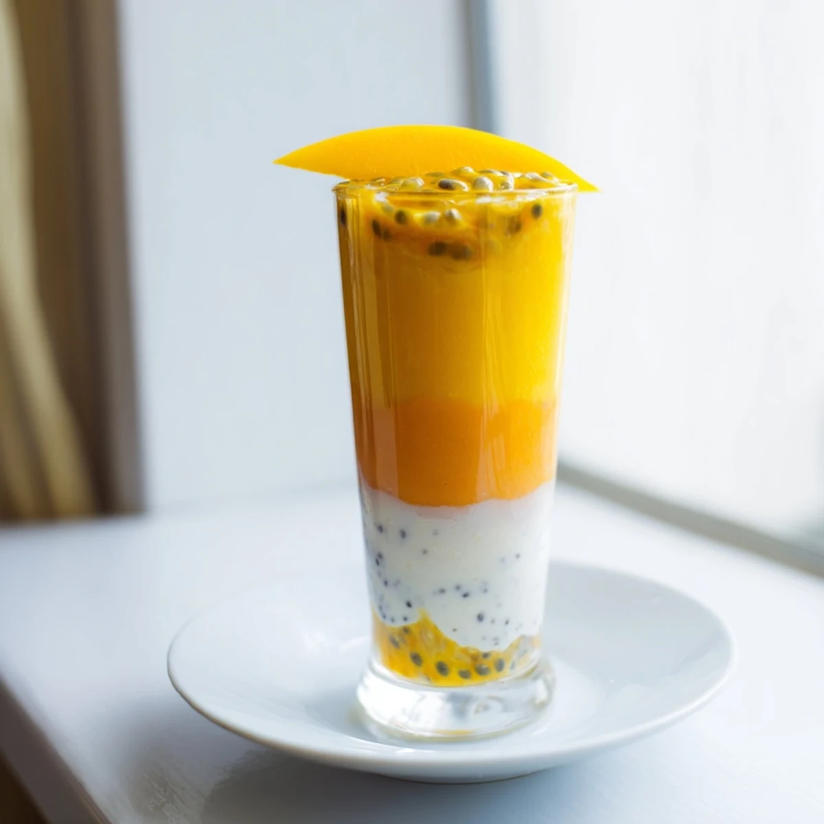 A layered Tropical Sunset Smoothie in a clear glass, showing vibrant mango, passion fruit, and orange layers.