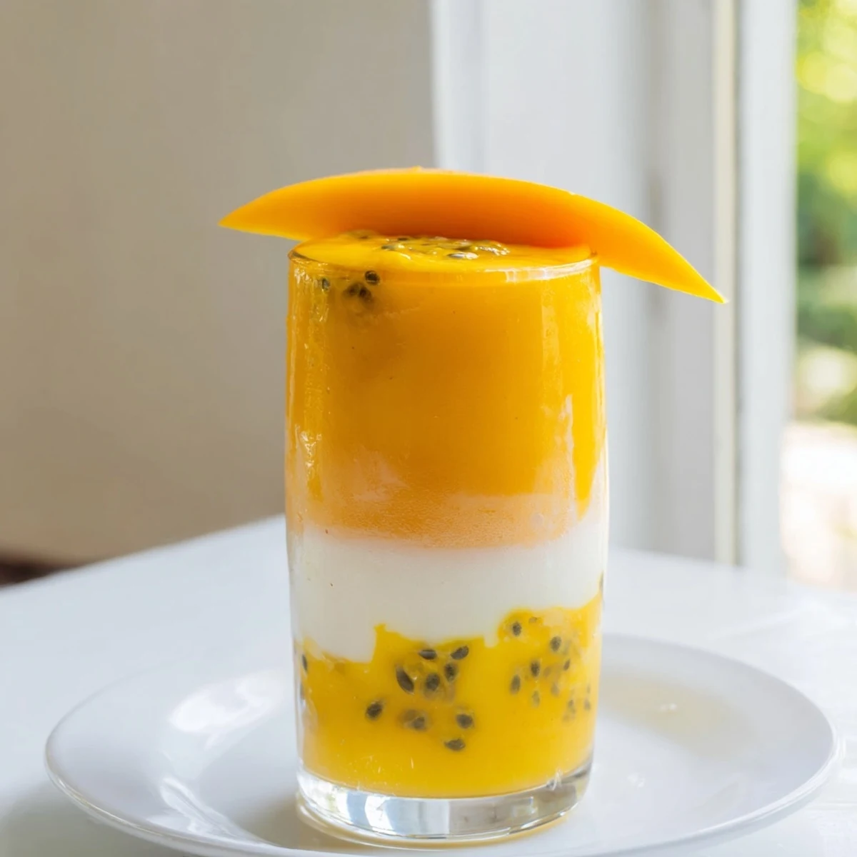 This cooling Tropical Sunset Smoothie is beautifully layered, presenting a colorful, healthy breakfast drink.