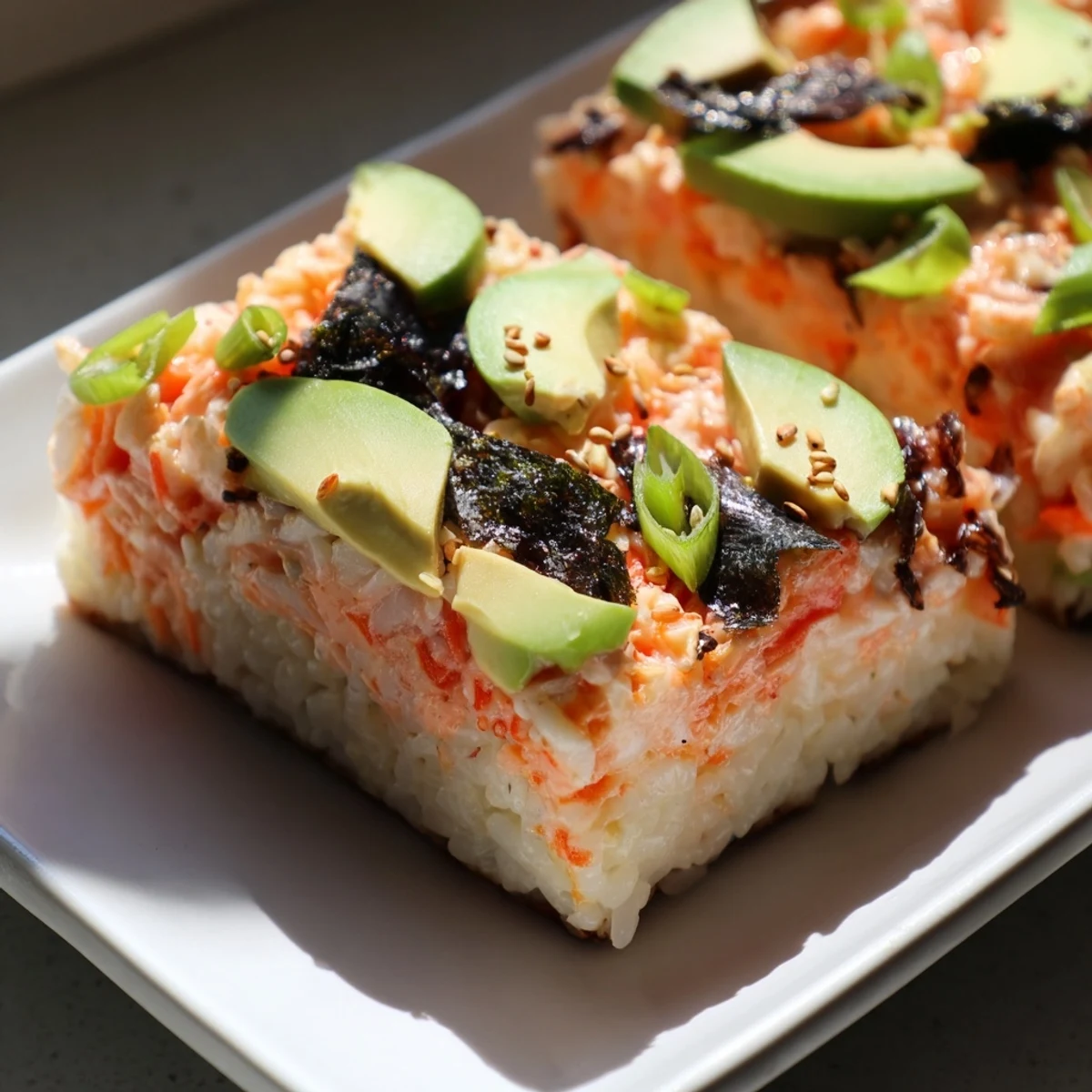 Warm, bubbly Sushi Bake Casserole, a delightful mix of flaked salmon atop seasoned sushi rice.