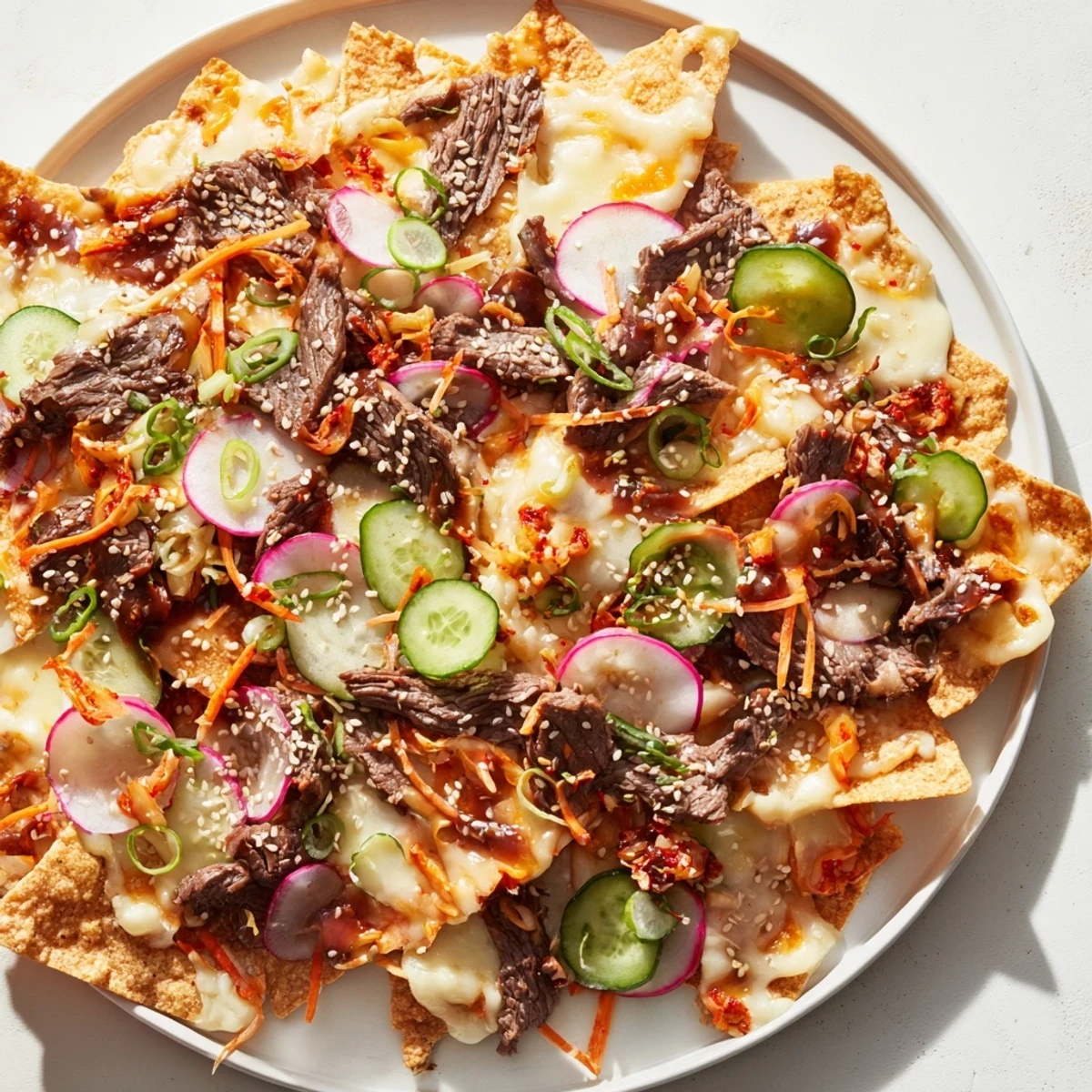 Korean BBQ Nachos piled high with savory gochujang beef and melted Korean cheeses, ready to eat.