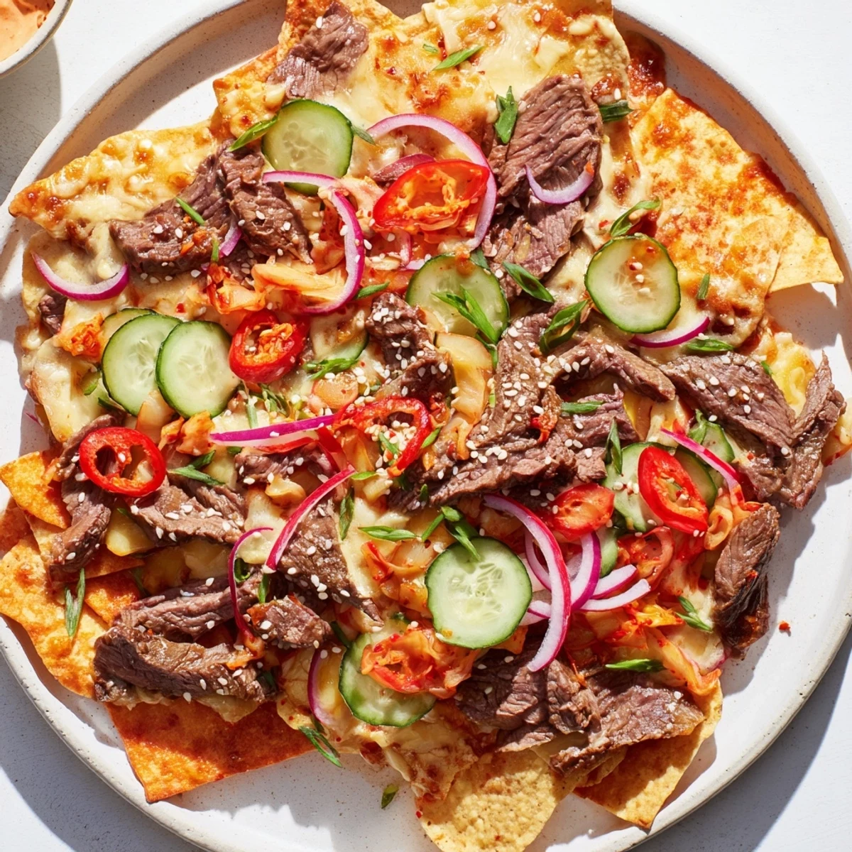 A delicious shareable plate of Korean BBQ Nachos, showcasing crispy chips and flavorful toppings.