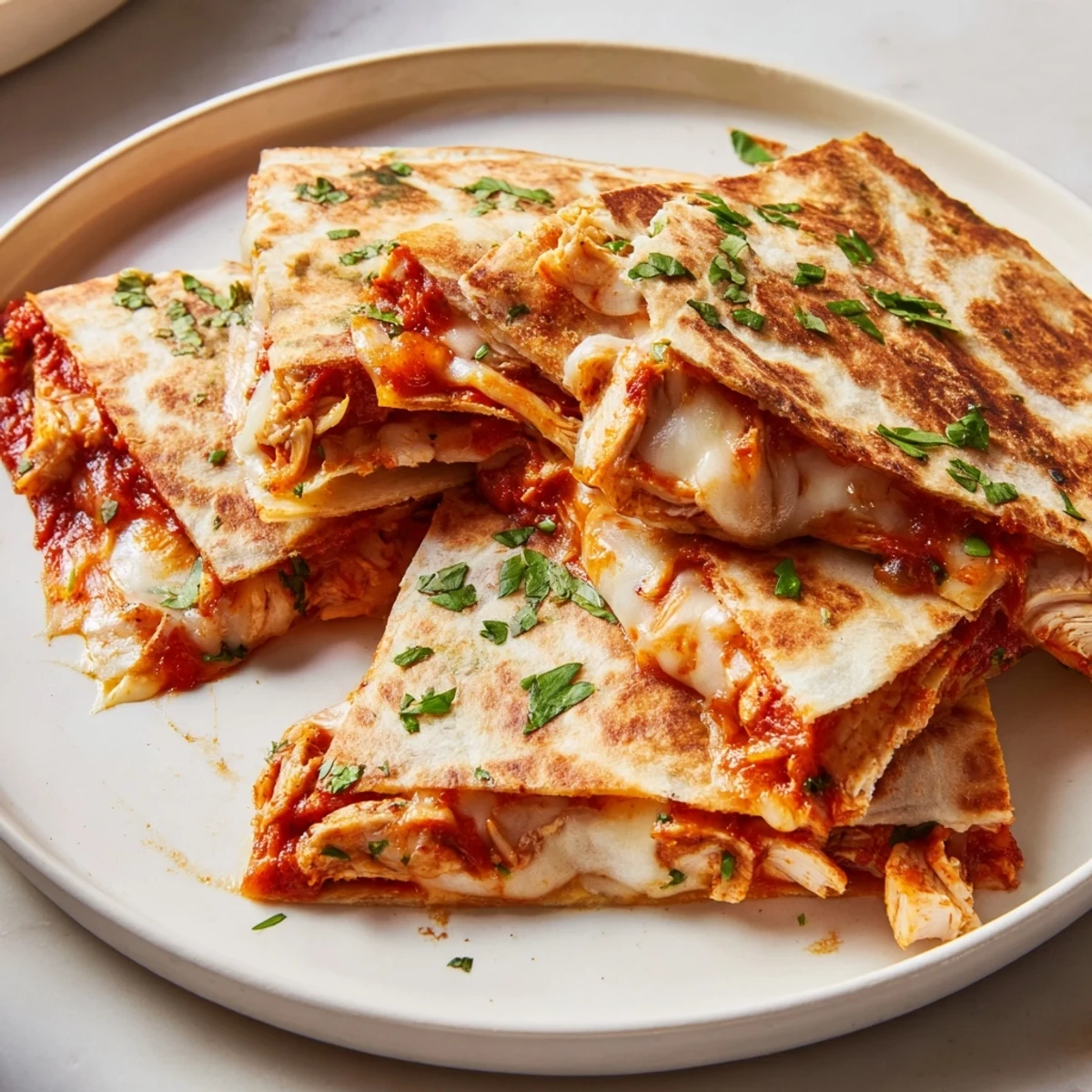 Golden-brown Butter Chicken Quesadillas dripping with melted cheese, a flavorful fusion delight.