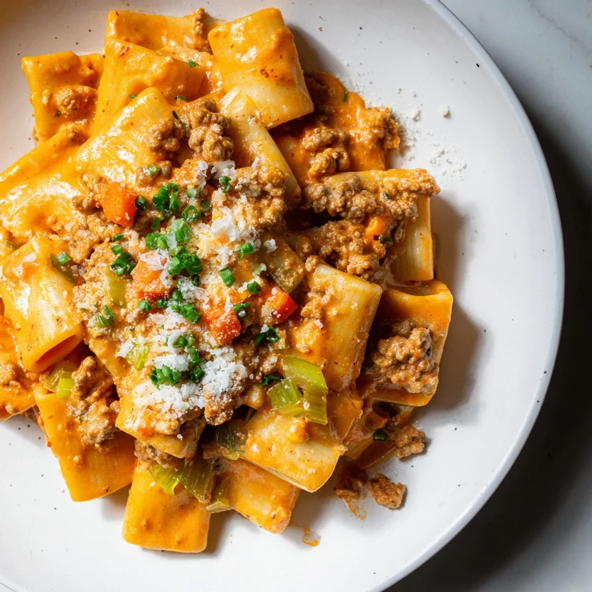 A creamy bowl of Chaos Cooking Kimchi Ragu Pasta, ready to be devoured with fresh scallions.