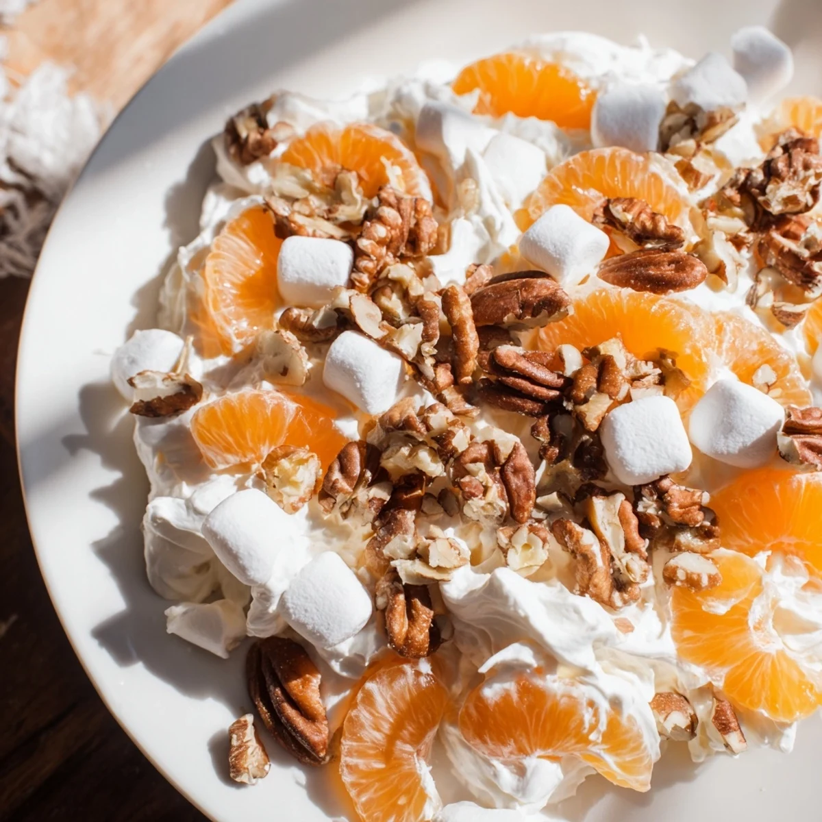 Elegant Ambrosia Salad, complete with mandarin oranges, pecans, and bourbon-infused whipped cream, ready to serve.