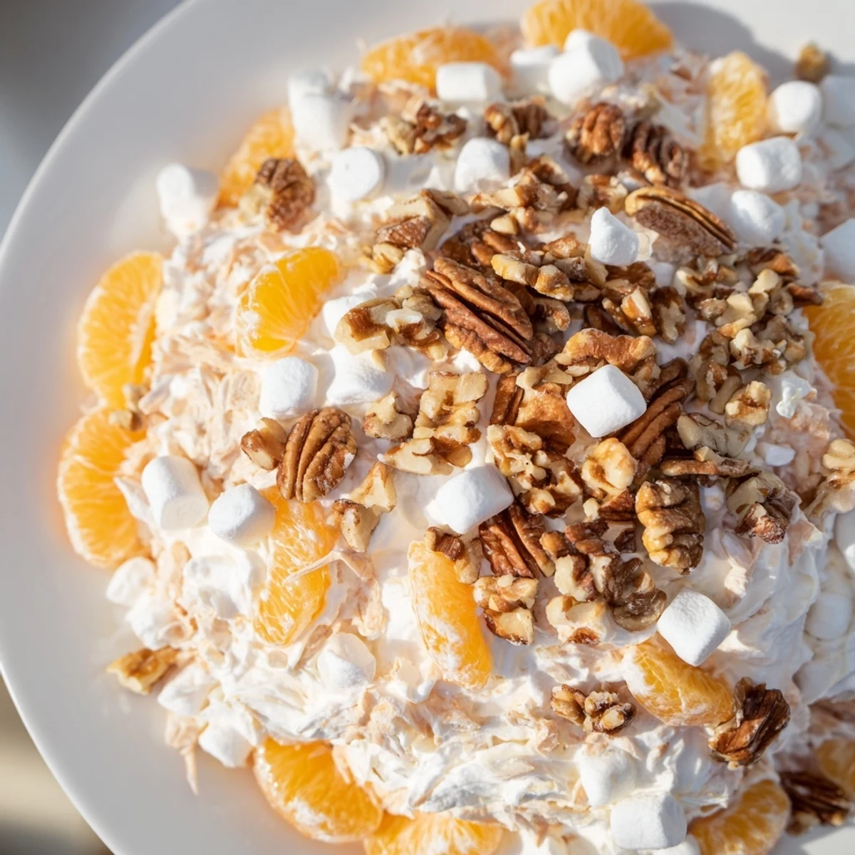 A close-up of a refreshing Elevated Ambrosia Salad, perfect for summer gatherings, with a creamy, fruity texture.