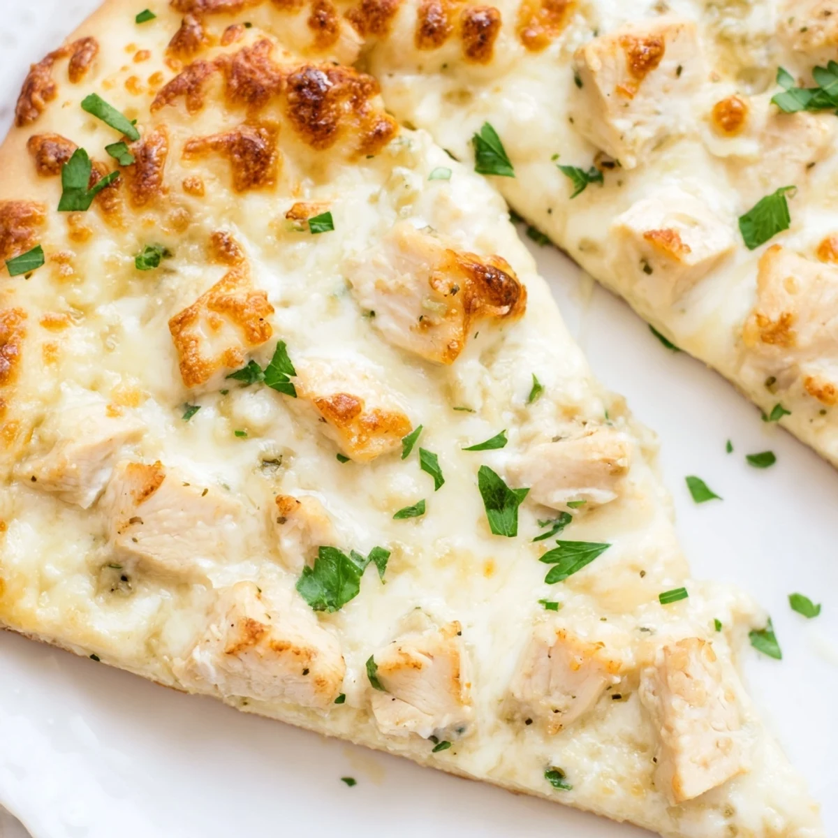 Ein aromatisches Chicken Alfredo Pizza mit goldener Kruste, cremiger Sauce, zartem Hähnchen und geschmolzenem Käse, direkt aus dem Ofen.
