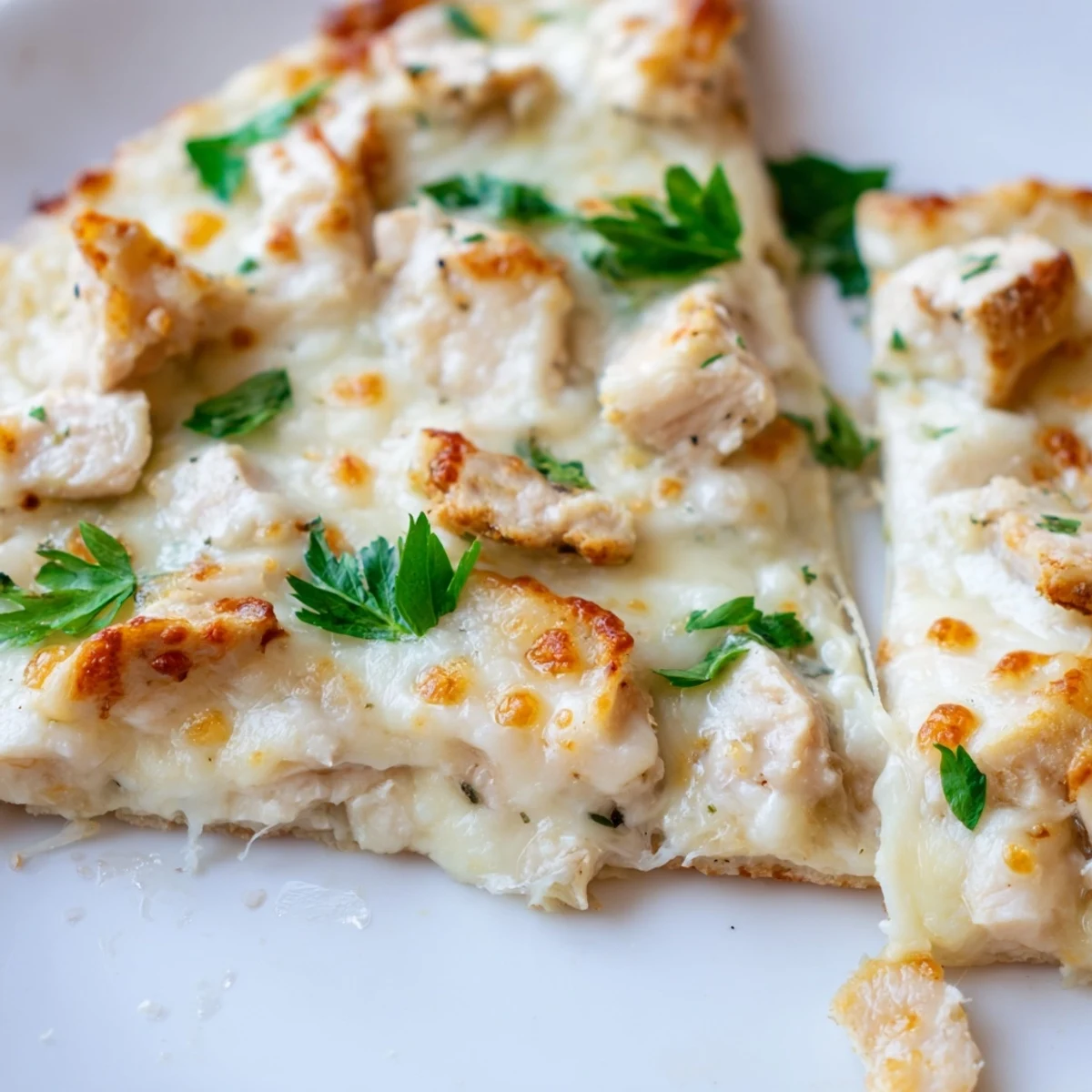 Frisch gebackene Chicken Alfredo Pizza mit glänzendem Käse, roten Zwiebelringen und Petersilie, serviert auf rustikalem Holzteller für den Küchentisch.