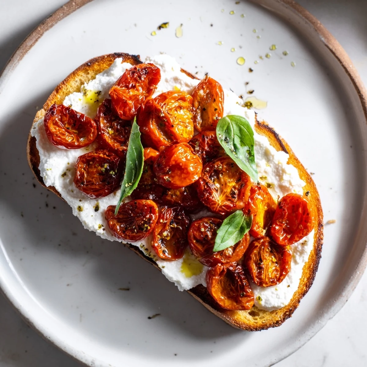 Slices of crunchy bread topped with sweet, caramelized tomatoes and fresh basil for a vibrant snack.