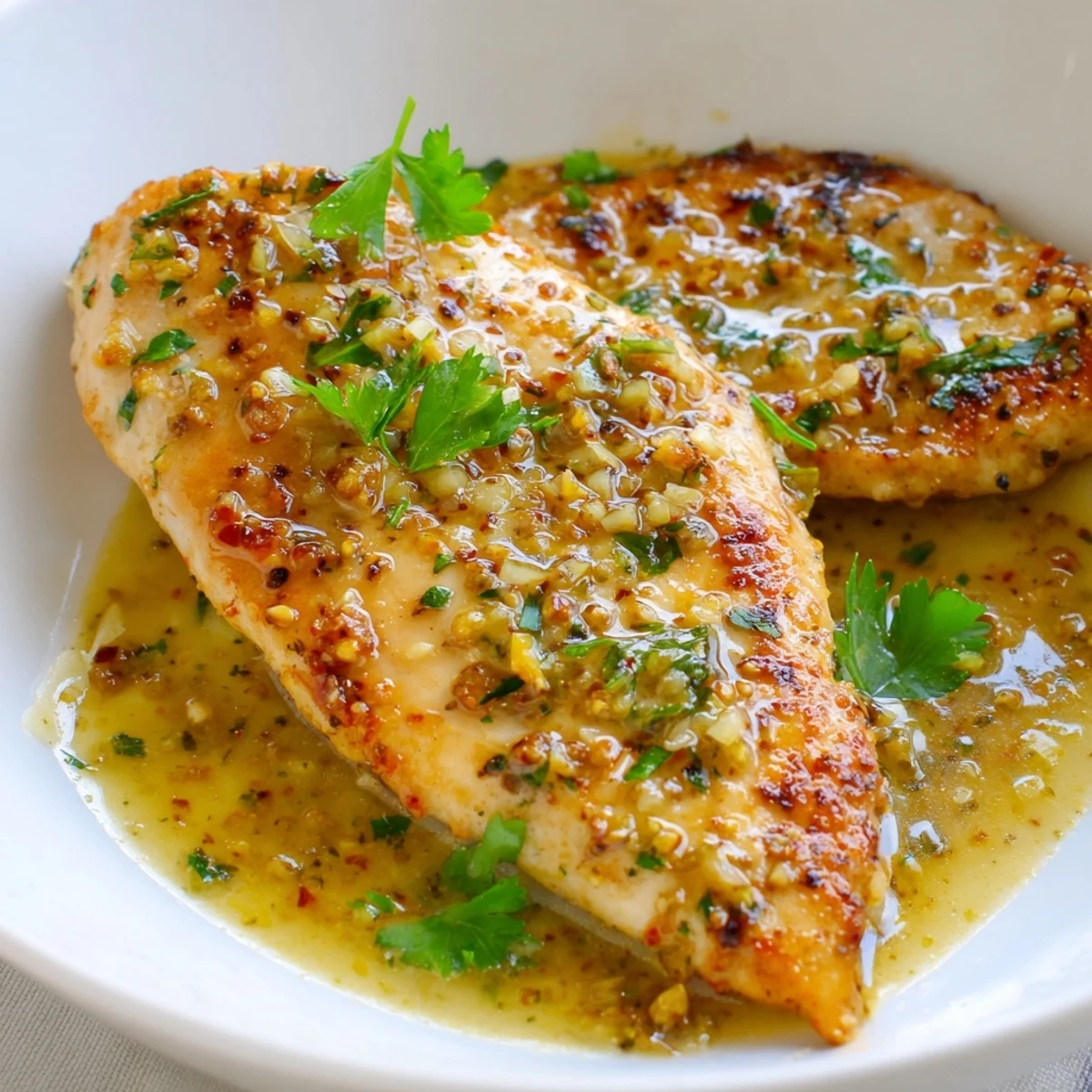 Goldbraun gebratene Lemon Pepper Chicken mit glasiger Zitronen-Butter-Soße, garniert mit frischem Petersilie.