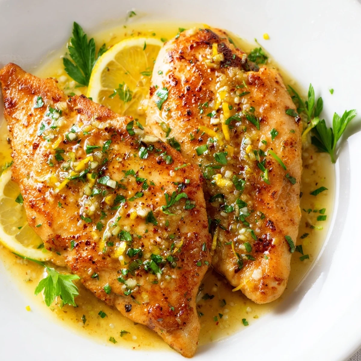 Goldbraun gebackenes Hähnchen in aromatischer Zitronen-Pfeffer-Butter-Soße mit frischem Petersilien-Garnitur.