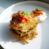 Enjoy crispy Kartoffelpuffer, perfectly fried, served with cooling, spicy kimchi yogurt.