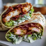 A close-up of Crispy Chicken Bacon Caesar Wraps drizzled with creamy Caesar dressing and grated Parmesan.