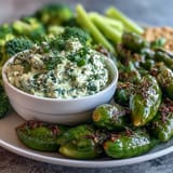 Gesundes Snack-Brett mit knackigen Gurken, Zuckerschoten und cremigem Avocado-Ranch-Dip