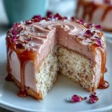 Die Rosé samtige Hochzeitstorte glänzt mit einem luxuriösen goldenen Drip-Effekt.