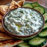 Cremiger griechischer Skyr-Tzatziki-Dip mit Gurke, Knoblauch und frischen Kräutern.