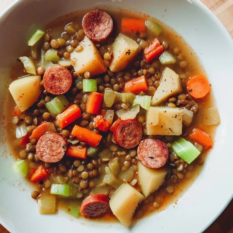 Steaming Instant Pot German Lentil Stew with chorizo, a hearty, flavorful one-pot meal, perfect with crusty bread.