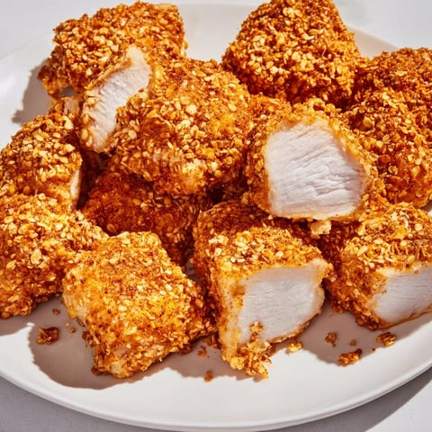 Golden pretzel crusted chicken bites ready to serve with ranch or your favorite sauces.