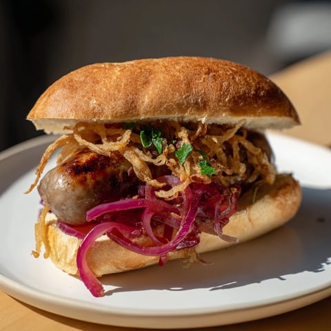 Mini Bratwurst Sliders with grilled sausage, tangy mustard, and crispy onions, ready to eat.