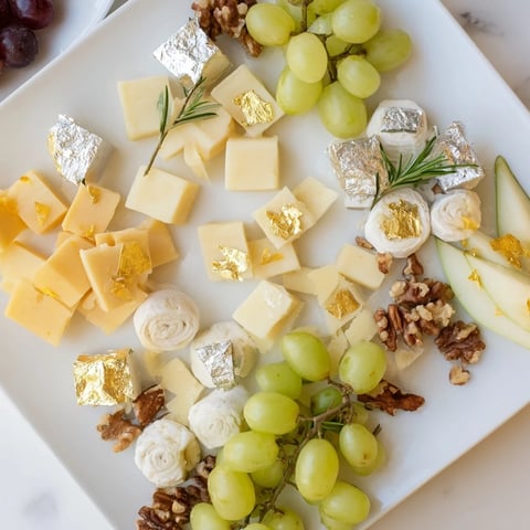 A close-up of a festive Gold and Silver Cheese Cube Board with grapes and honey for New Year's.