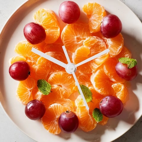 A colorful Grape and Orange Slice Clock Face fruit platter featuring juicy orange slices and grapes.