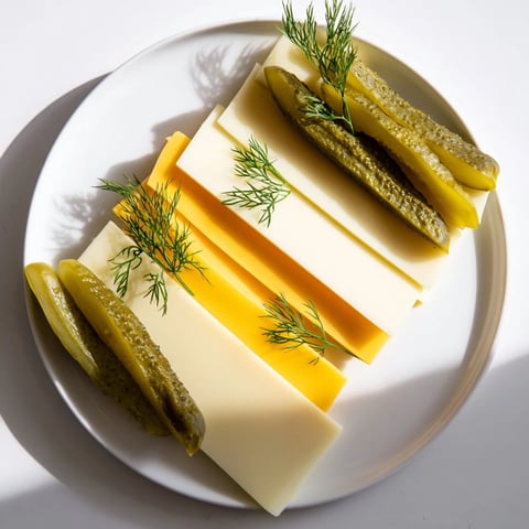 *   Köstliche Dill-Pickles und Käsescheiben, arrangiert auf einem Teller, perfekt als einfacher amerikanischer Appetit.