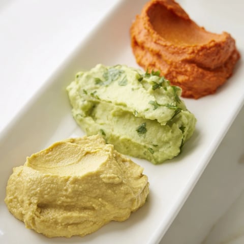 Vivid trio of colorful dips: creamy avocado, roasted red pepper, and turmeric hummus.