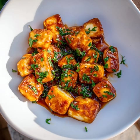 Knuspriger, goldbrauner Hot Honey Halloumi, überzogen mit süß-scharfem Honig, ein Fest für die Sinne.