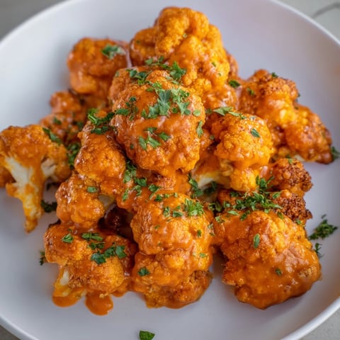 Golden-brown Buffalo Cauliflower Bites, crispy and tossed in a spicy, flavorful sauce, ready to eat.