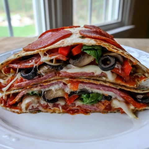 Warm and cheesy tortilla pizza wrap, filled with pepperoni, olives, and melted mozzarella against a golden pan.