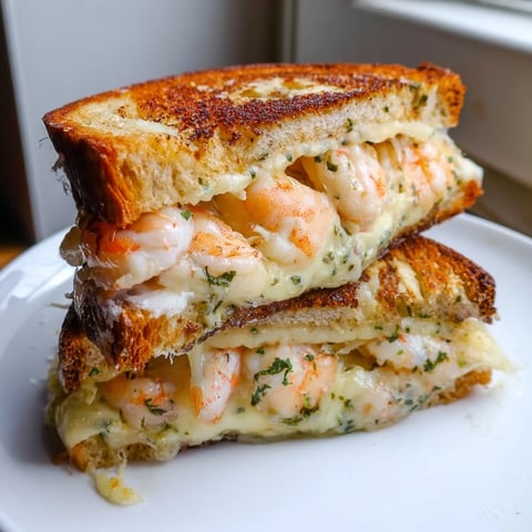 Quick Shrimp Grilled Cheese, featuring golden sourdough surrounding melty cheese and juicy shrimp.