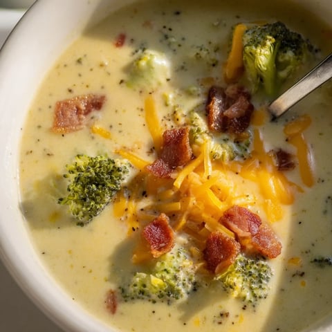 Creamy Broccoli Cheddar Soup, garnished with crispy bacon and served with toasted bread.